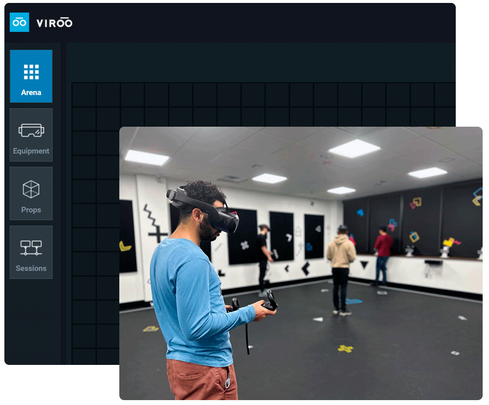 Virtual reality room of VIROO, with people trying vr headsets
